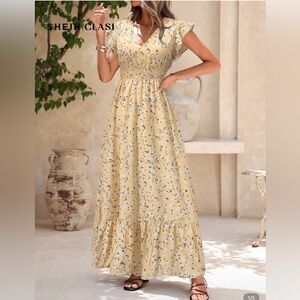 SHEIN Floral Print Dress in Soft Yellow